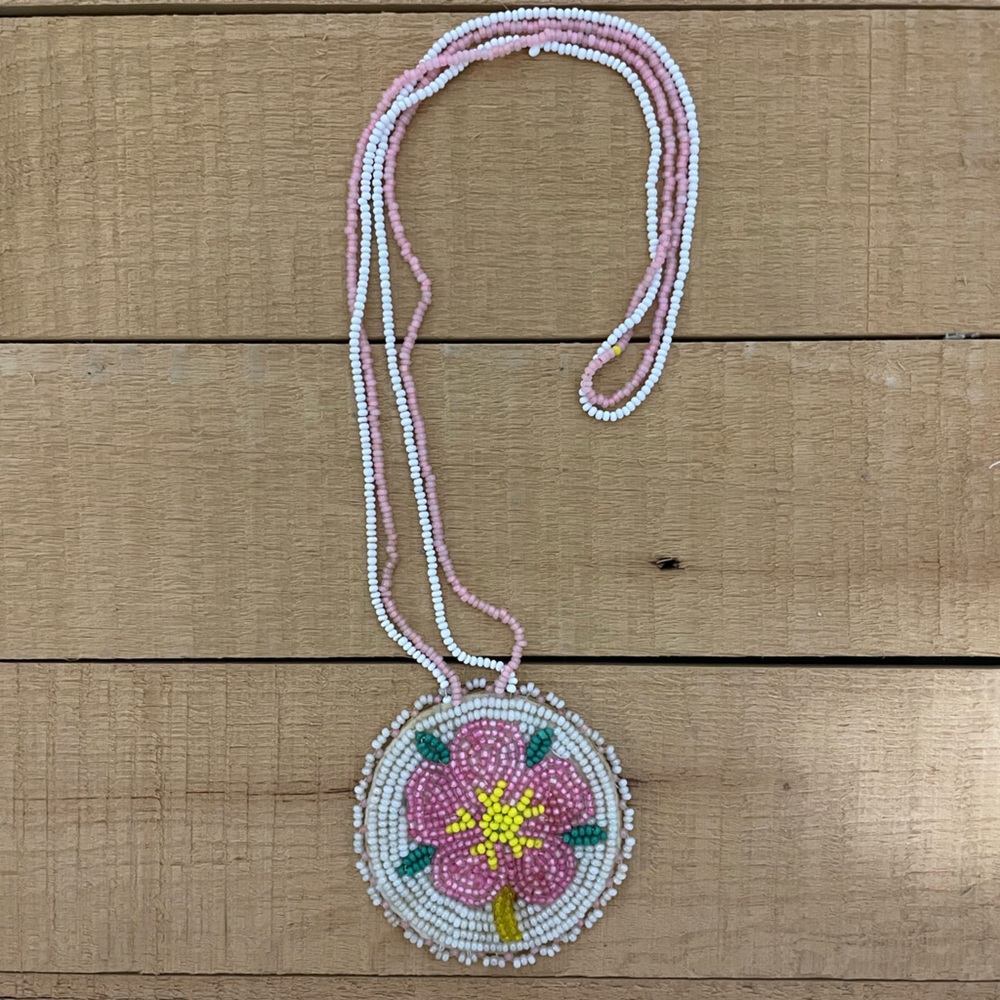 Pink and White Vintage Beaded Native American Flower Necklace
